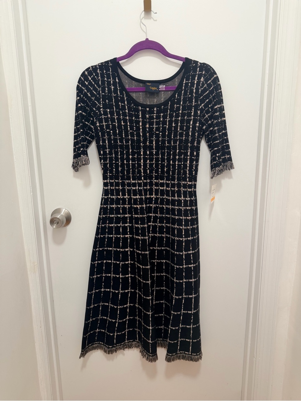 Just...Taylor Black and White Windowpane Fringe Midi Dress